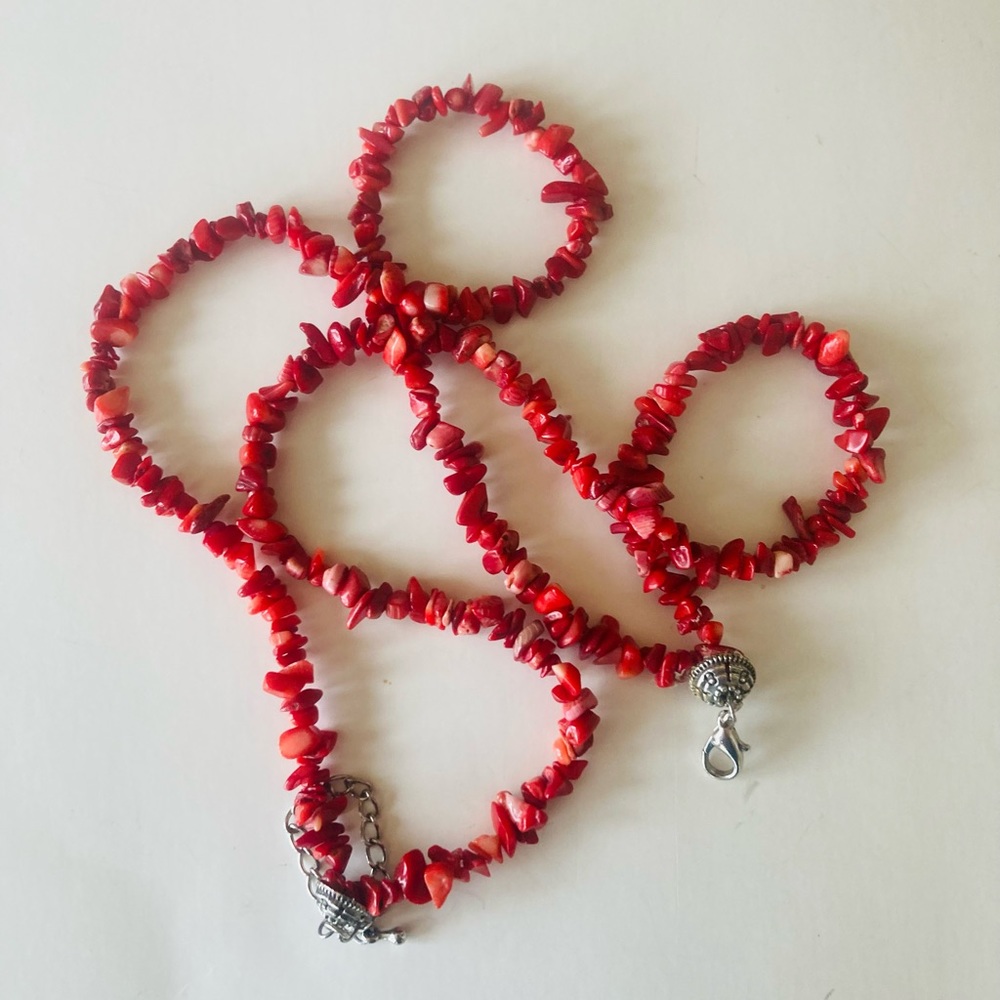 Coral necklace double strand 14” necklace 2” expansion chain, vintage, GUC